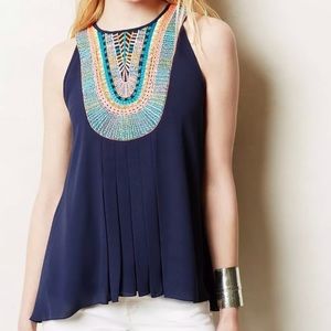 Anthropologie Blue Tank with Embroidered Neckline